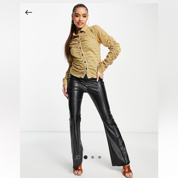 S/4  button down collar ruched check shirt in mustard chekered plaid yellow - Picture 5 of 8